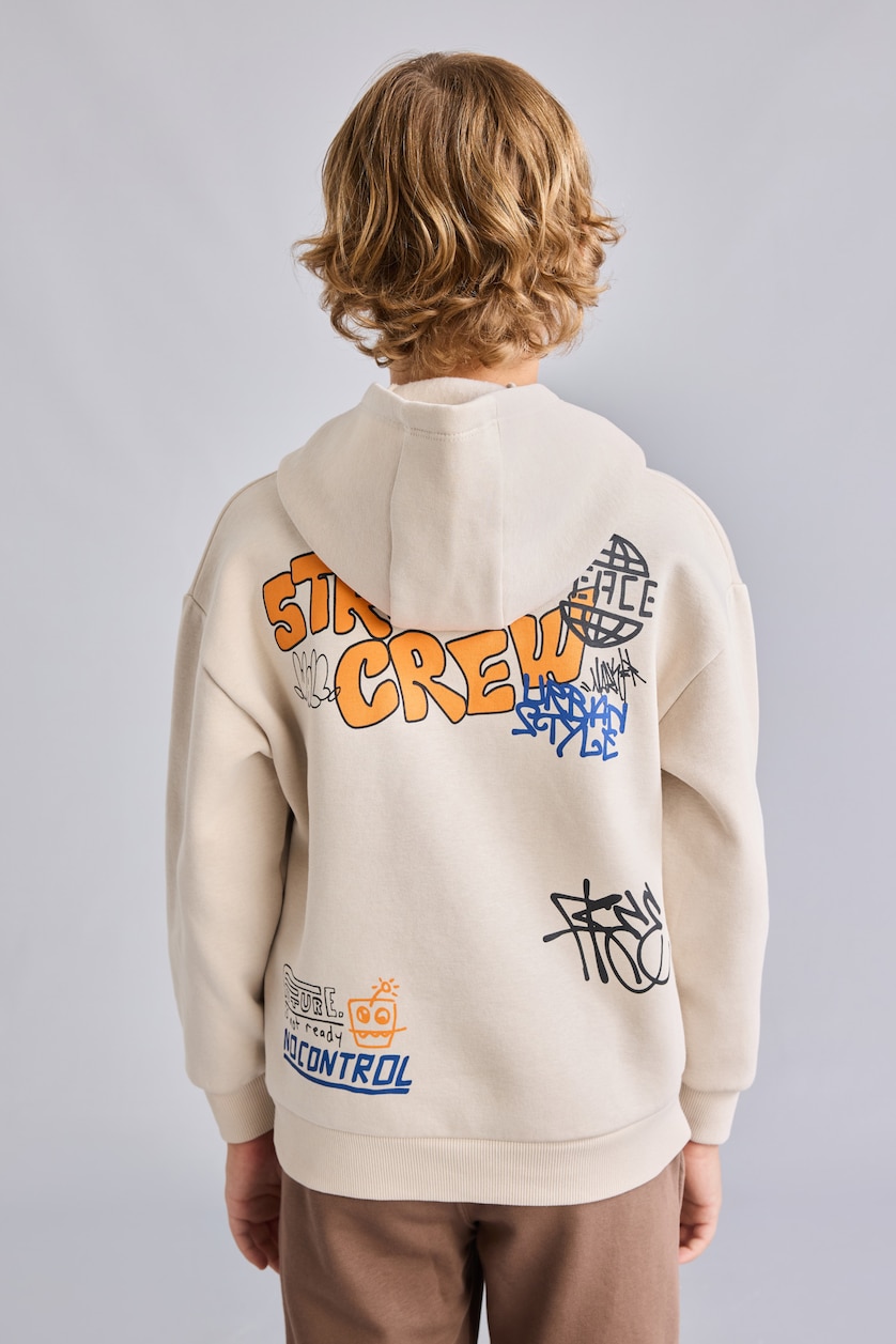 Erkek Çocuk - Genç Erkek Bej Baskılı Oversize Sweatshirt Erkek Çocuk