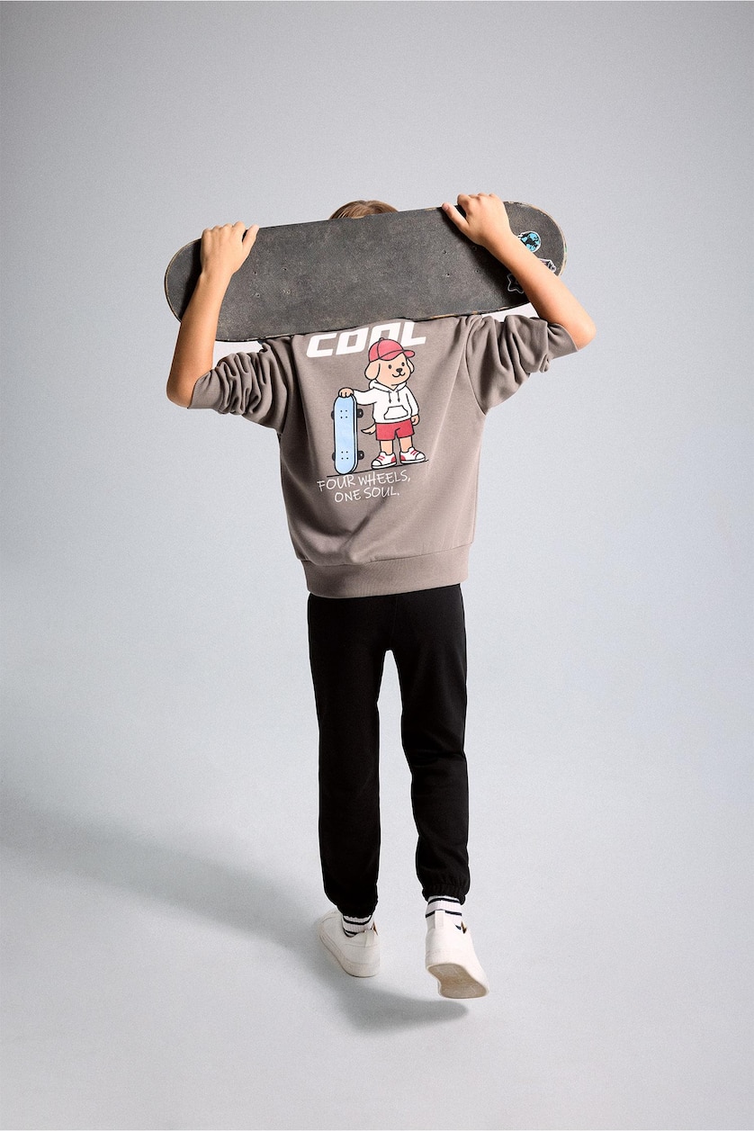 Erkek Çocuk - Genç Erkek Açık Kahve Oversize Sırt Baskılı Sweatshirt Erkek Çocuk