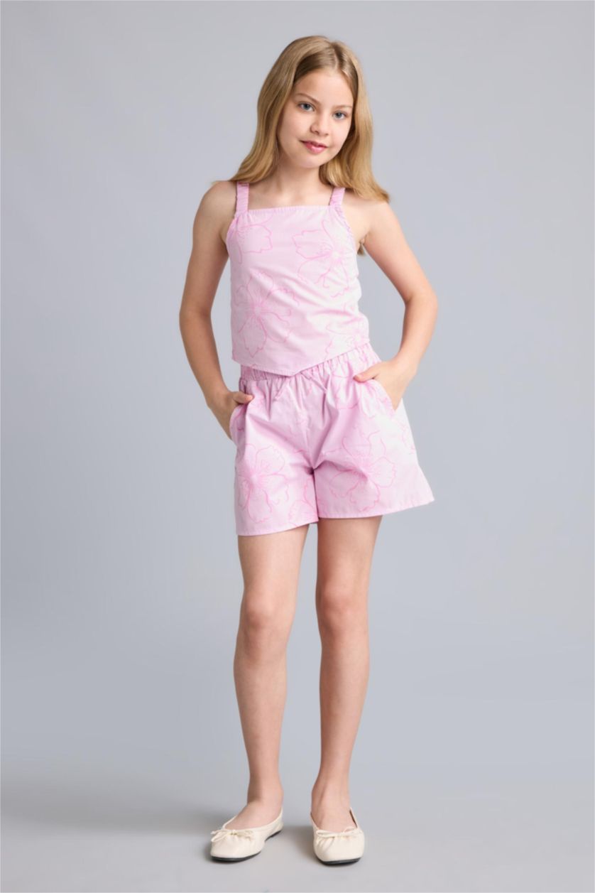 Kız Çocuk - Genç Kız Pembe Regular Fit Poplin Çiçekli Şort Kız Çocuk