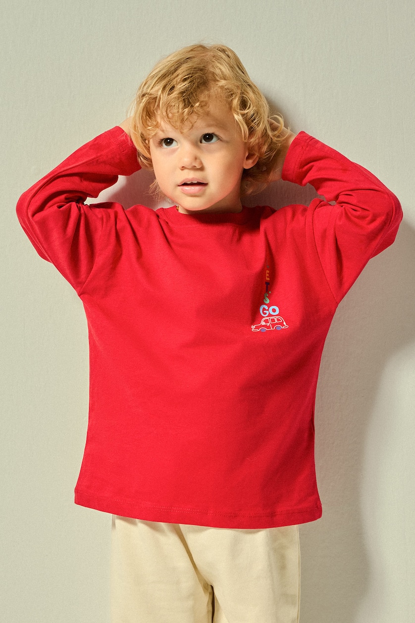 BABY BOY Red Baby Boy Oversize Fit Red 100% Cotton Printed Crew Neck Long Sleeve T-Shirt