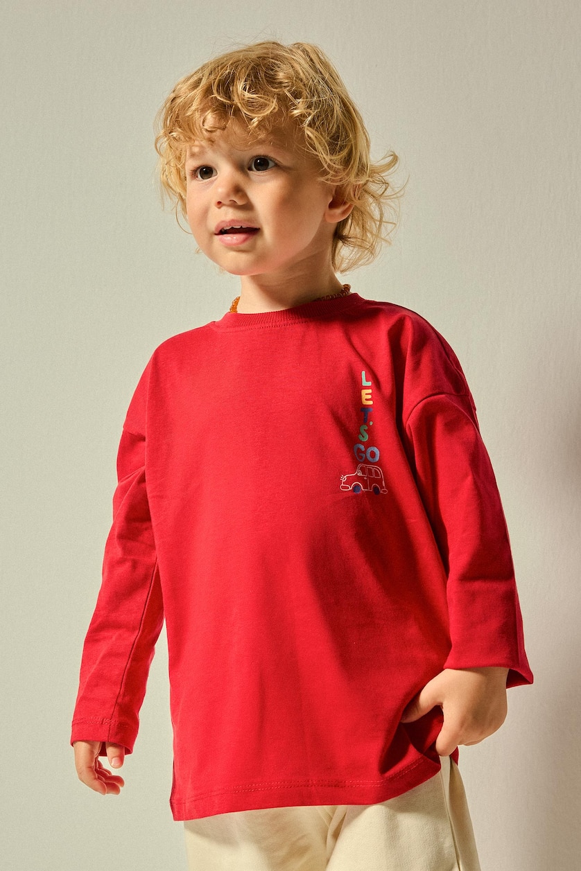 BABY BOY Red Baby Boy Oversize Fit Red 100% Cotton Printed Crew Neck Long Sleeve T-Shirt