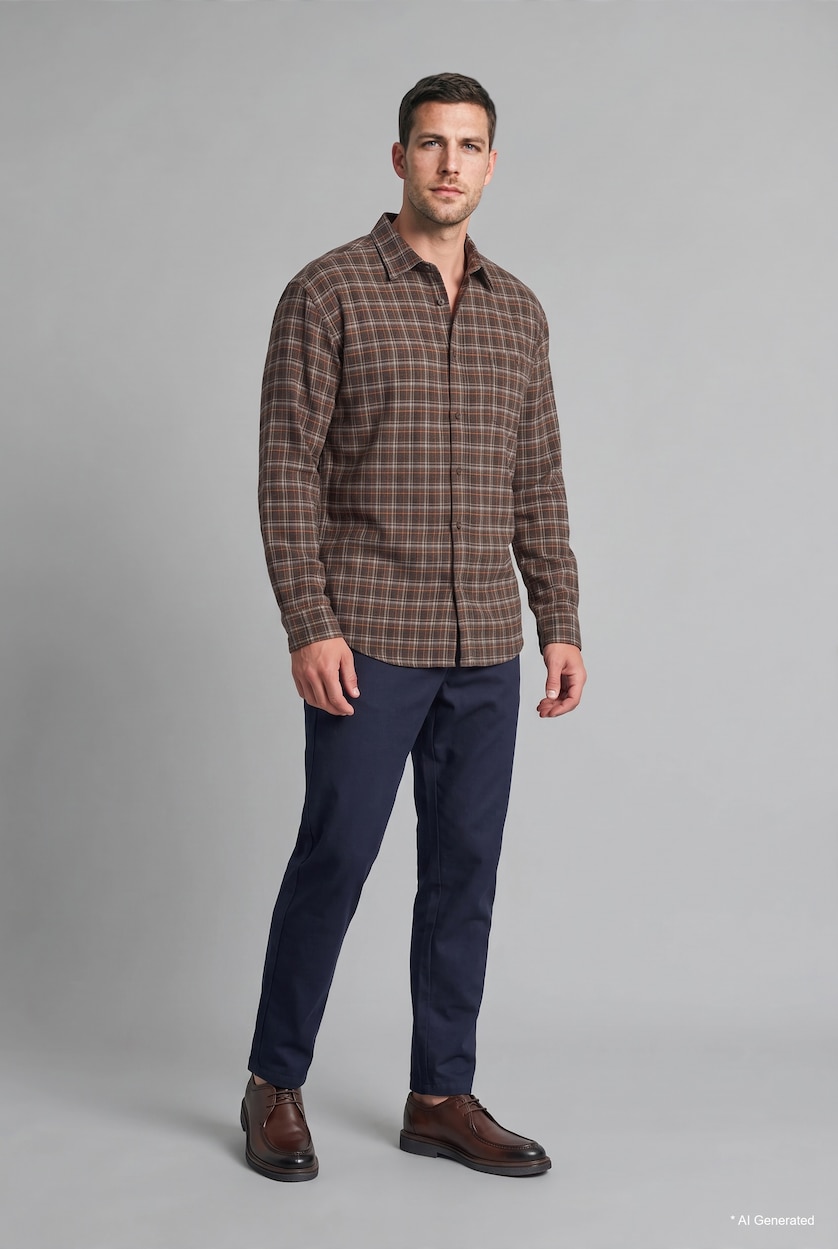 Erkek Kahve %100 Pamuk Regular Fit Kareli Flanel Gömlek