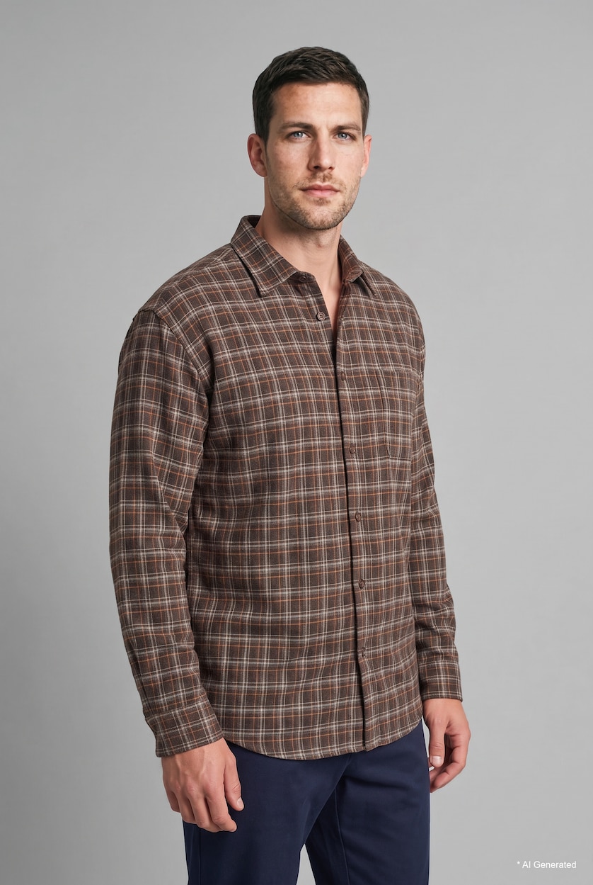 Erkek Kahve %100 Pamuk Regular Fit Kareli Flanel Gömlek