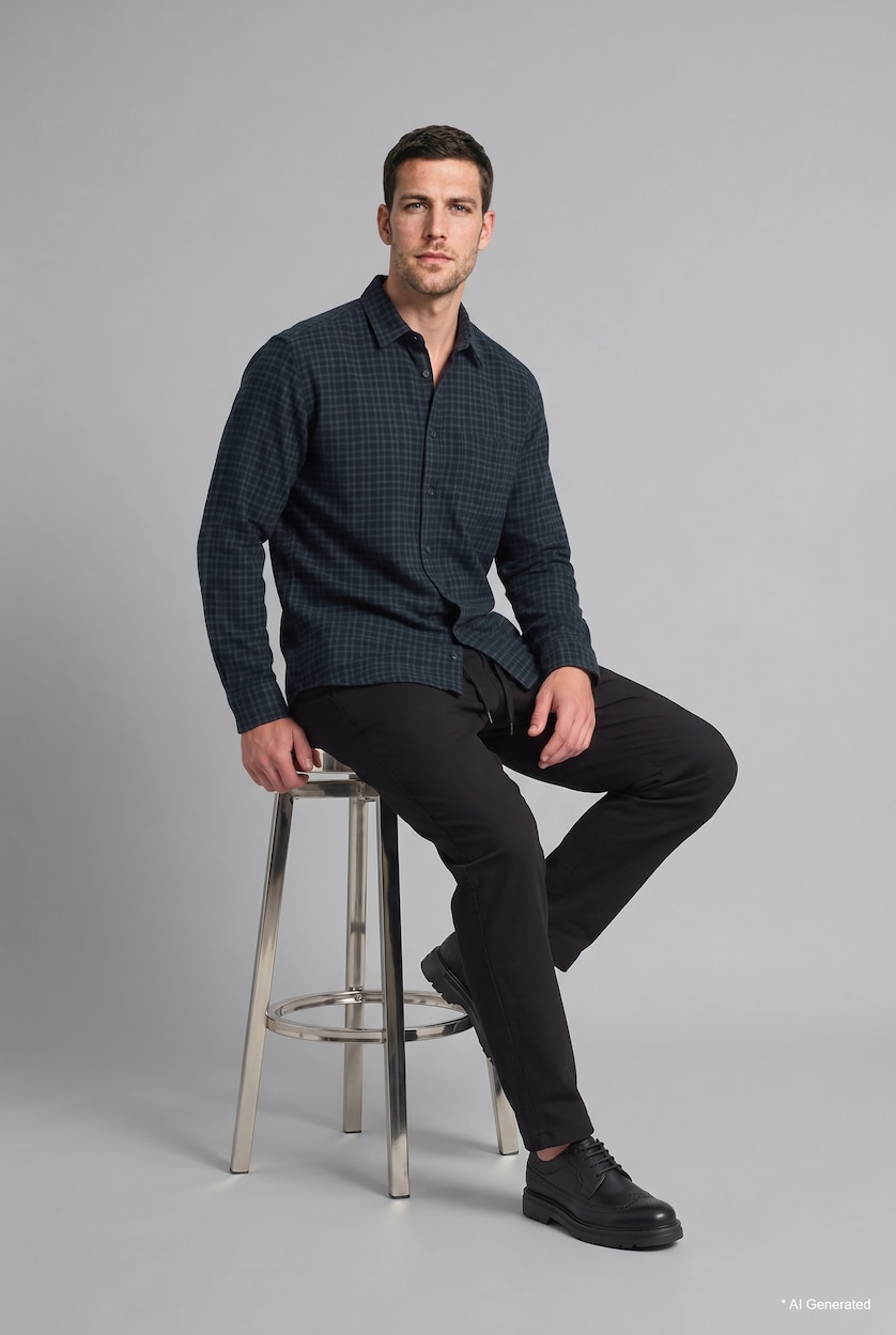 Men Dark Green Flanel Long Sleeve Shirt