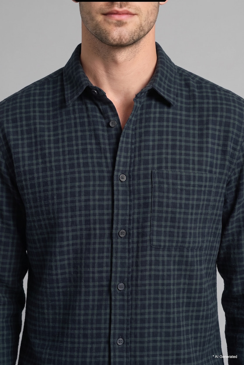 Men Dark Green Flanel Long Sleeve Shirt