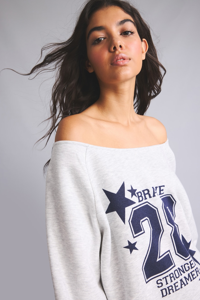 Kadın Açık Gri Melange Oversize Baskılı Sweatshirt