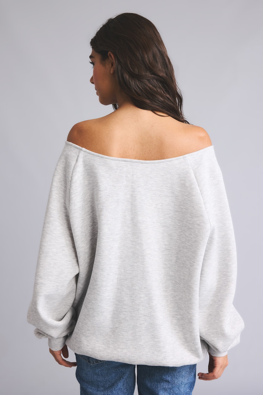 Kadın Açık Gri Melange Oversize Baskılı Sweatshirt