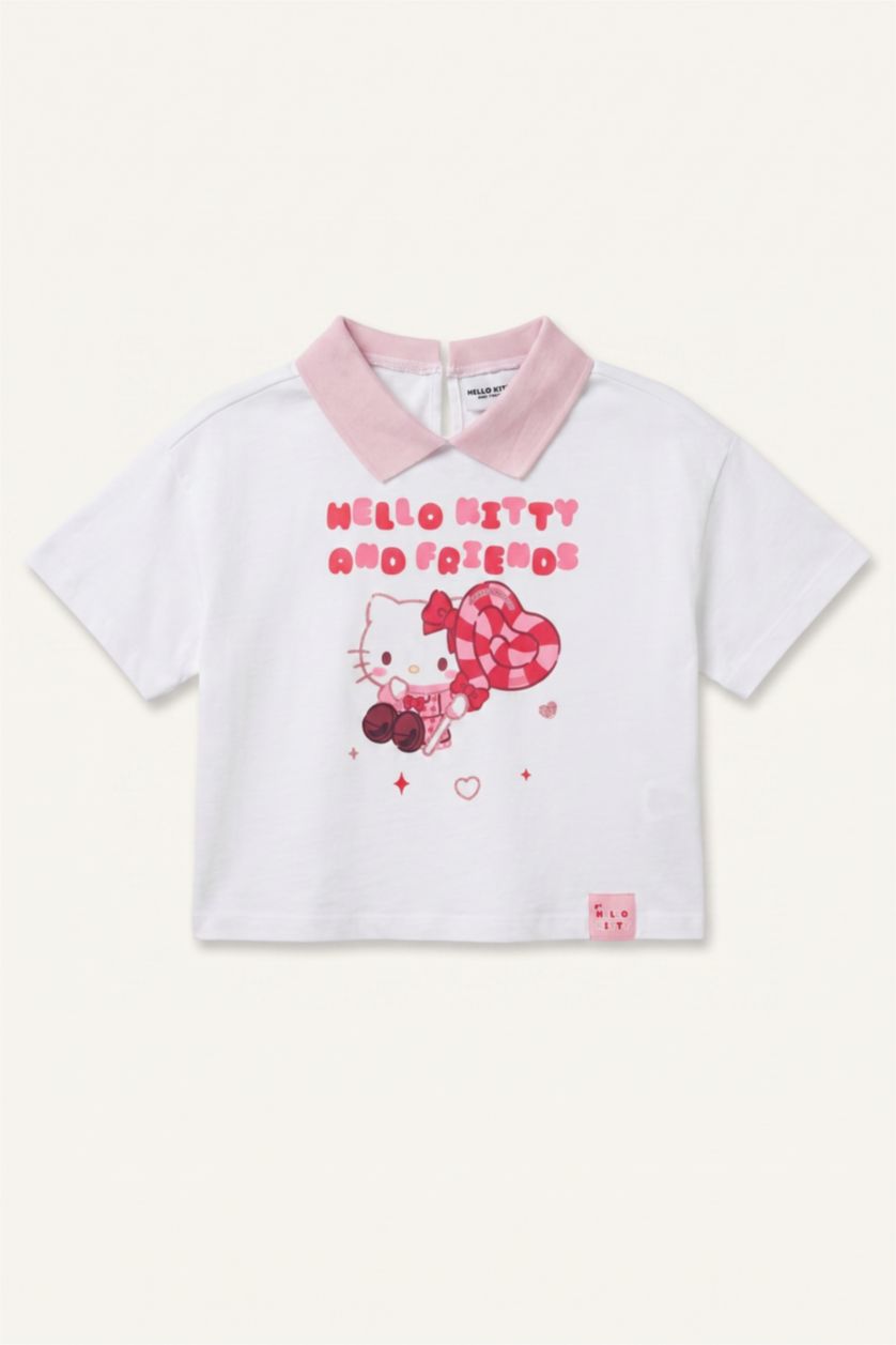 Kız Bebek Beyaz Hello Kitty Lisanslı Kısa Kollu Penye Tişört Kız Bebek
