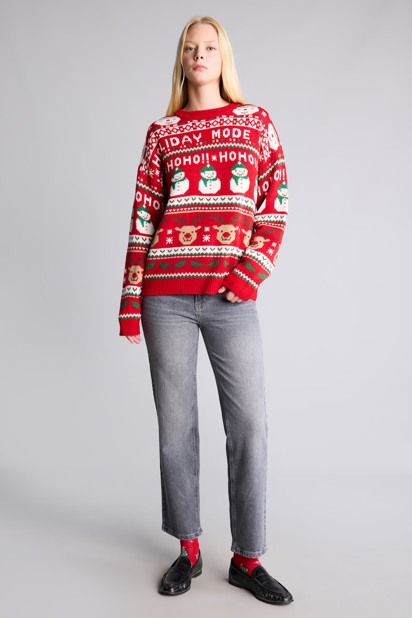 WOMAN Red Regular Fit Crew Neck Knitted Christmas Pullover