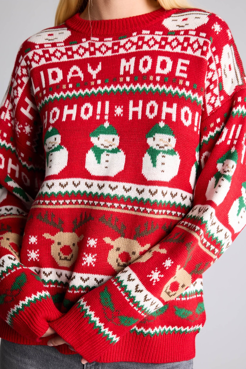 WOMAN Red Regular Fit Crew Neck Knitted Christmas Pullover