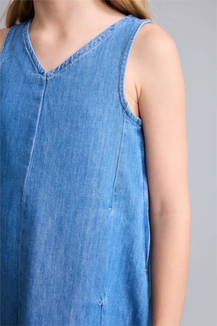 GIRLS & TEENS Blue Girl Crew Neck Denim Mini Blue Dress