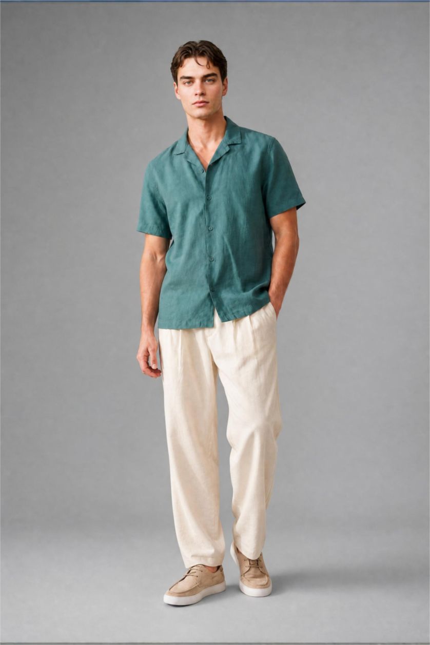 Men Green Linen Blended Linen Blended Short Sleeve Shirt