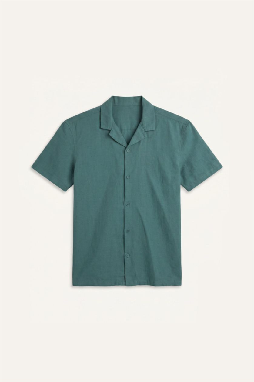 Men Green Linen Blended Linen Blended Short Sleeve Shirt