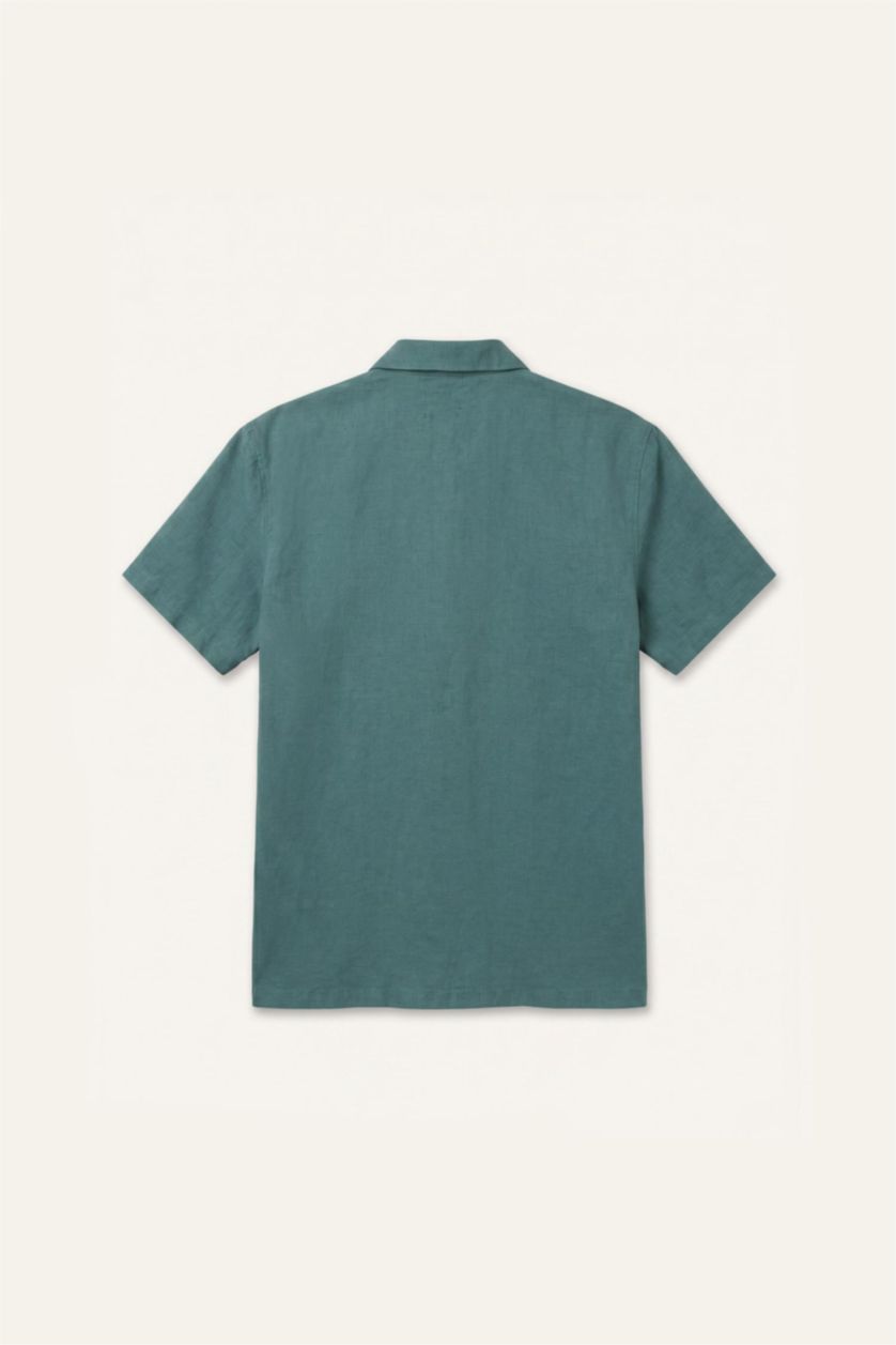 Men Green Linen Blended Linen Blended Short Sleeve Shirt