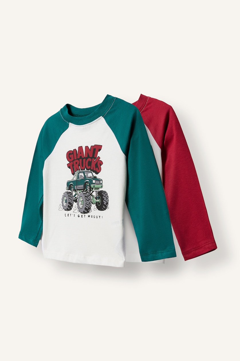 Erkek Bebek Kırmızı Oversize Reglan Baskılı Uzun Kollu 2'li Tişört
