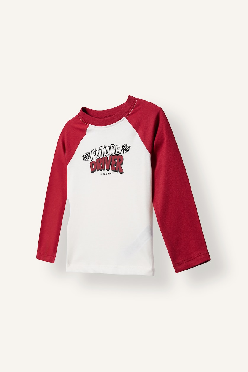 Erkek Bebek Kırmızı Oversize Reglan Baskılı Uzun Kollu 2'li Tişört