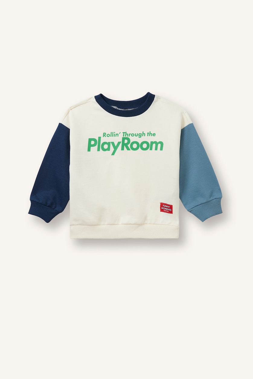 Erkek Bebek Ekru Oversize Baskılı Renk Bloklu Bebek Sweatshirt