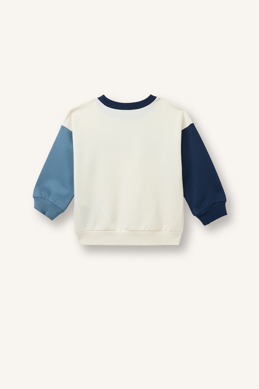 Erkek Bebek Ekru Oversize Baskılı Renk Bloklu Bebek Sweatshirt