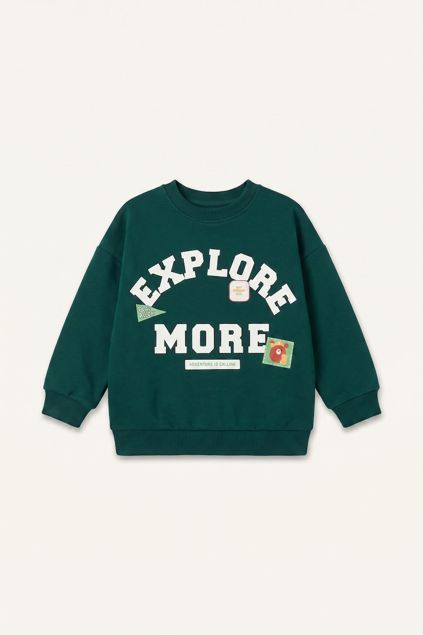 Erkek Bebek Koyu Yeşil Oversize Baskılı Arma Detaylı Sweatshirt