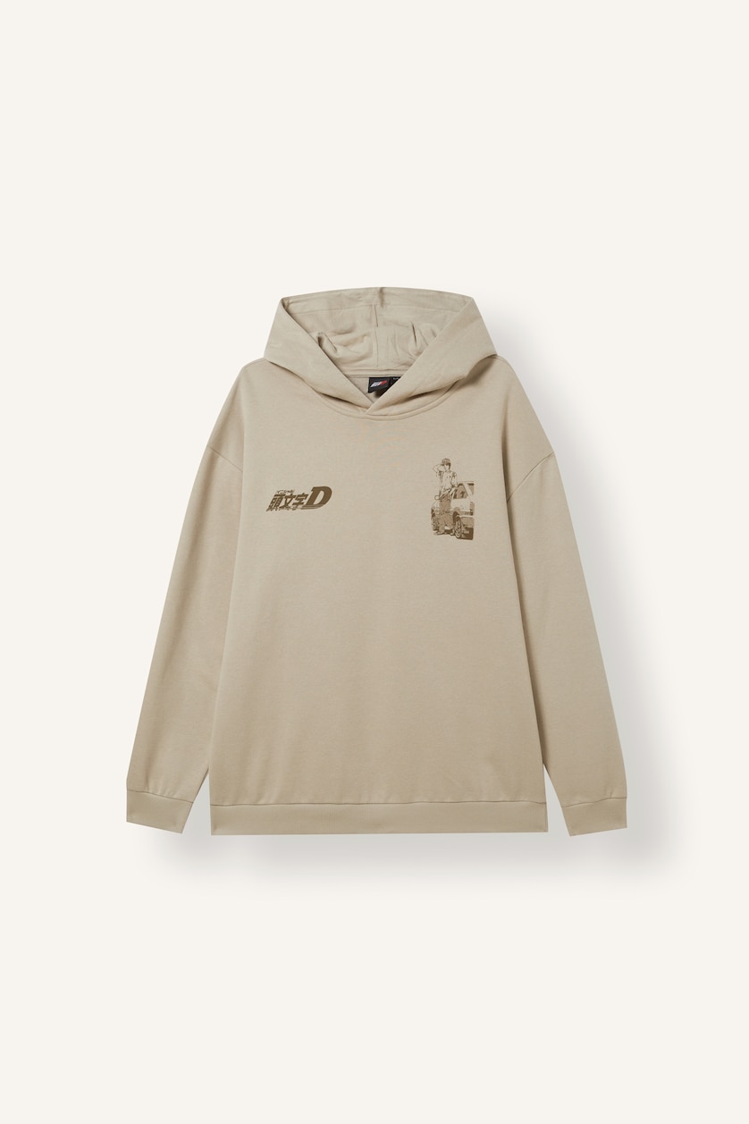 Erkek Bej Initial D Boxy Fit Kapüşonlu Sweatshirt