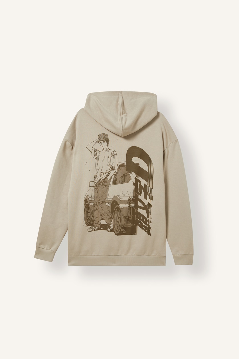 Erkek Bej Initial D Boxy Fit Kapüşonlu Sweatshirt