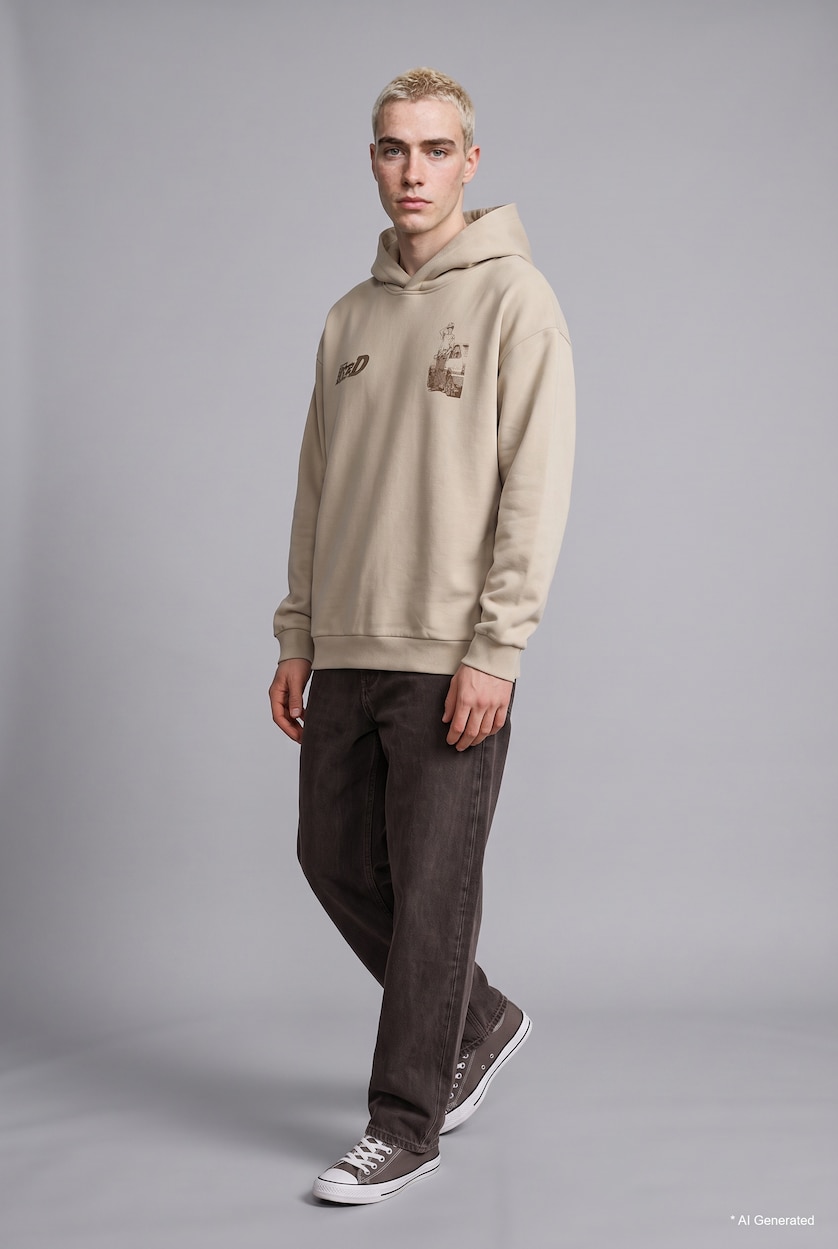Man Beige Boxy Fit Thick Sweatshirt Fabric Sweatshirt