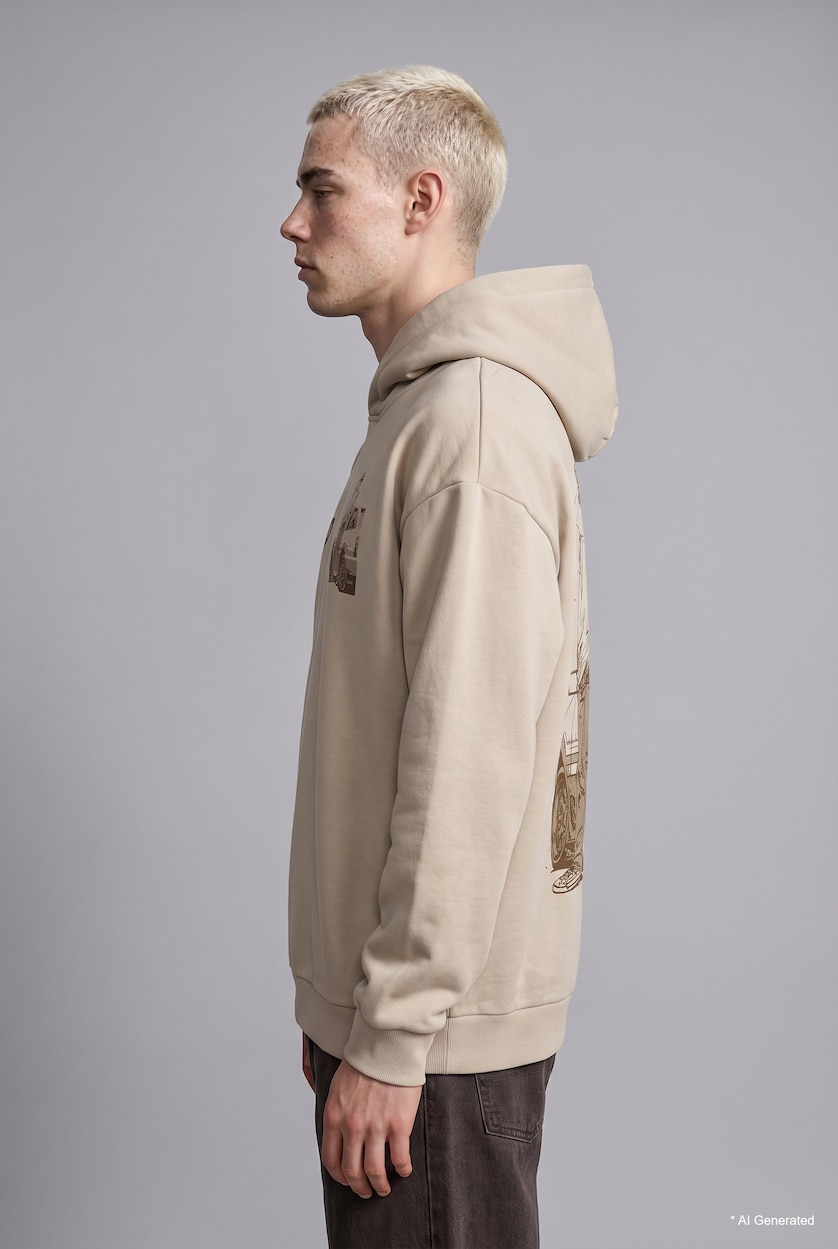 Man Beige Boxy Fit Thick Sweatshirt Fabric Sweatshirt