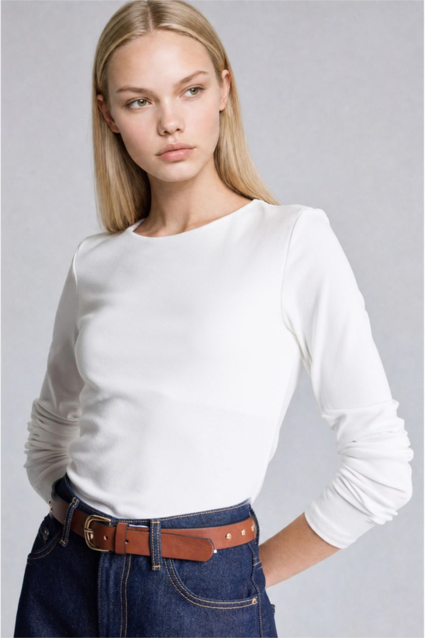 WOMAN Ecru Slim Fit modal Long Sleeve T-Shirt