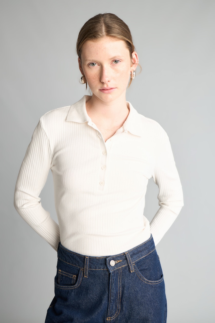 WOMAN Ecru Slim Fit Polo Collar Basic Camisole Long Sleeve T-Shirt