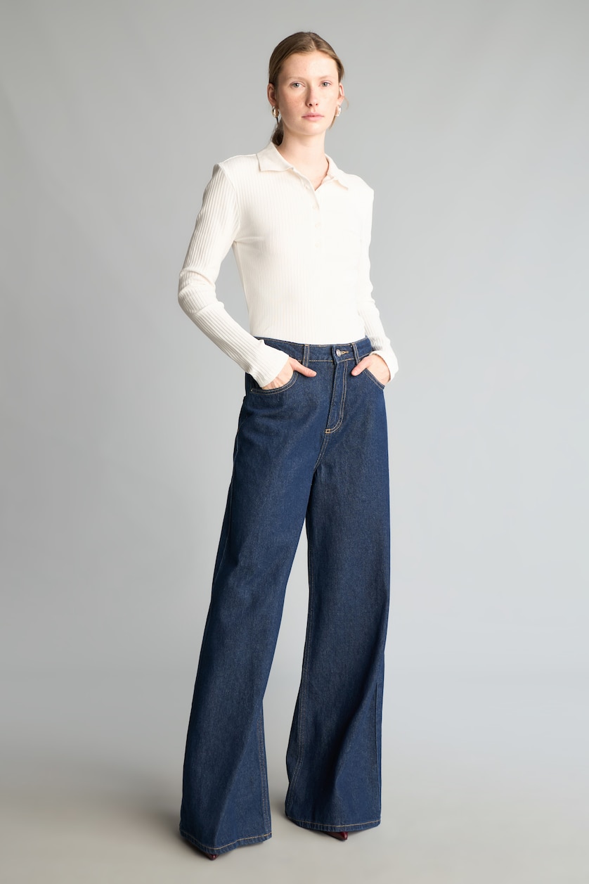 WOMAN Ecru Slim Fit Polo Collar Basic Camisole Long Sleeve T-Shirt