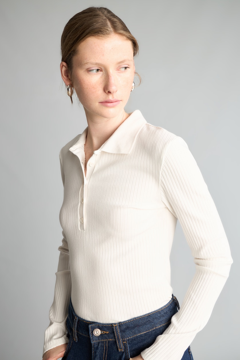 WOMAN Ecru Slim Fit Polo Collar Basic Camisole Long Sleeve T-Shirt