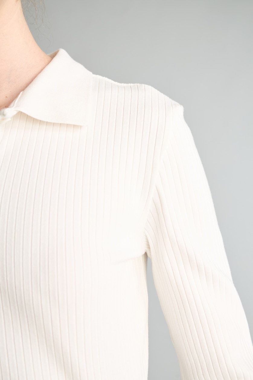 WOMAN Ecru Slim Fit Polo Collar Basic Camisole Long Sleeve T-Shirt