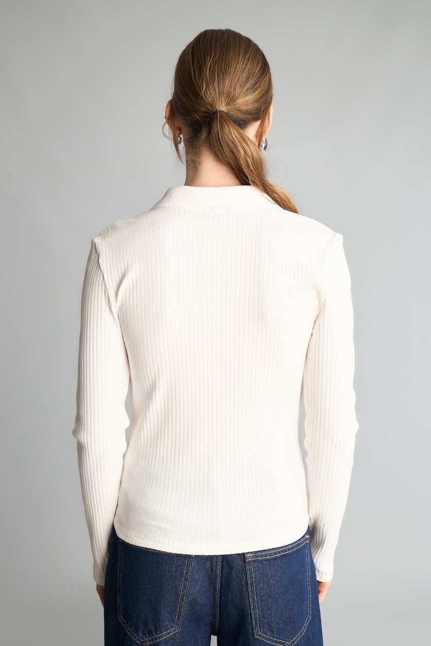 WOMAN Ecru Slim Fit Polo Collar Basic Camisole Long Sleeve T-Shirt