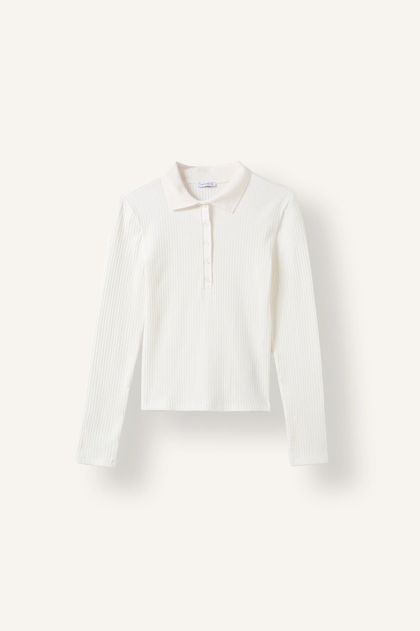 WOMAN Ecru Slim Fit Polo Collar Basic Camisole Long Sleeve T-Shirt