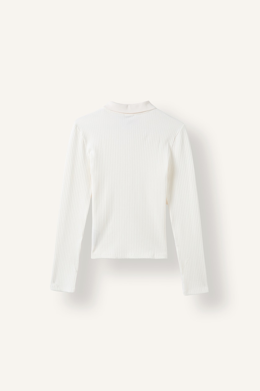 WOMAN Ecru Slim Fit Polo Collar Basic Camisole Long Sleeve T-Shirt