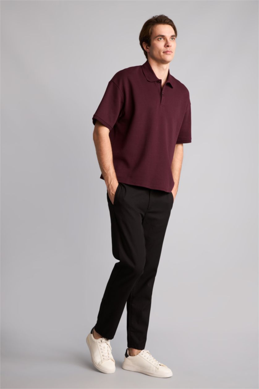 Erkek Koyu Bordo Boxy Fit Pamuklu Polo Tişört