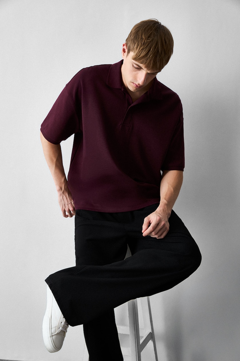 Erkek Koyu Bordo Boxy Fit Pamuklu Polo Tişört
