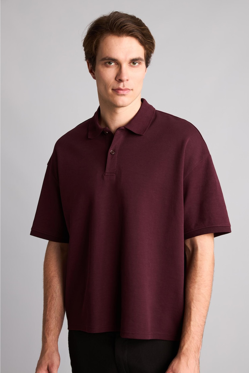 Erkek Koyu Bordo Boxy Fit Pamuklu Polo Tişört