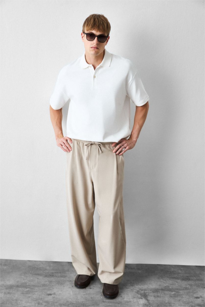 Men Ecru Boxy Fit Polo Collar Short Sleeve Polo T-Shirt