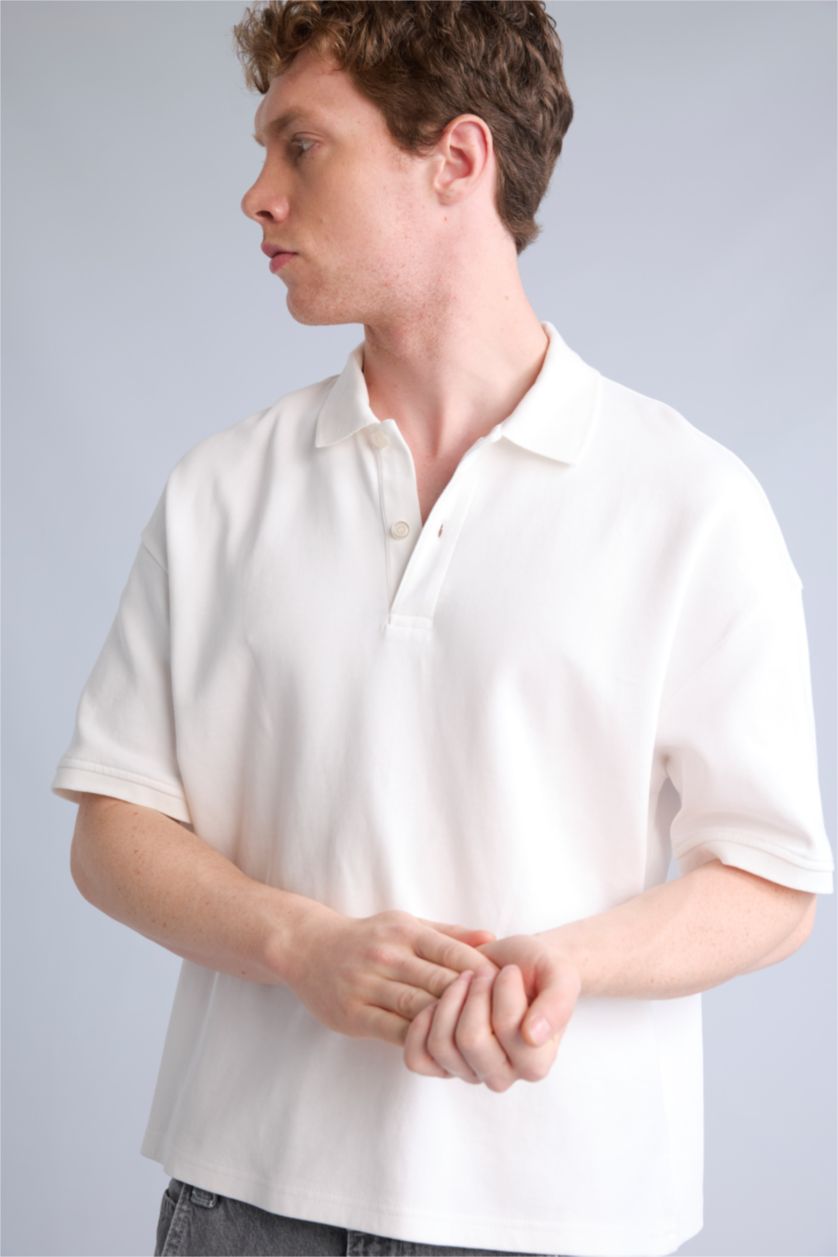 Men Ecru Boxy Fit Short Sleeve Polo T-Shirt