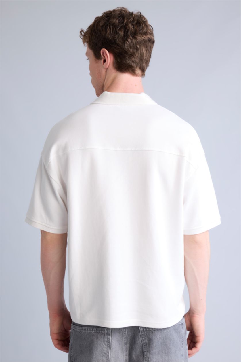 Men Ecru Boxy Fit Short Sleeve Polo T-Shirt