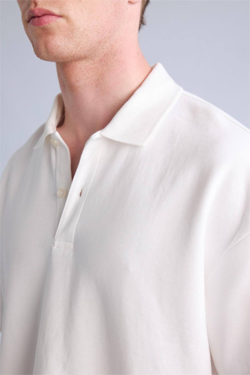 Men Ecru Boxy Fit Polo Collar Short Sleeve Polo T-Shirt