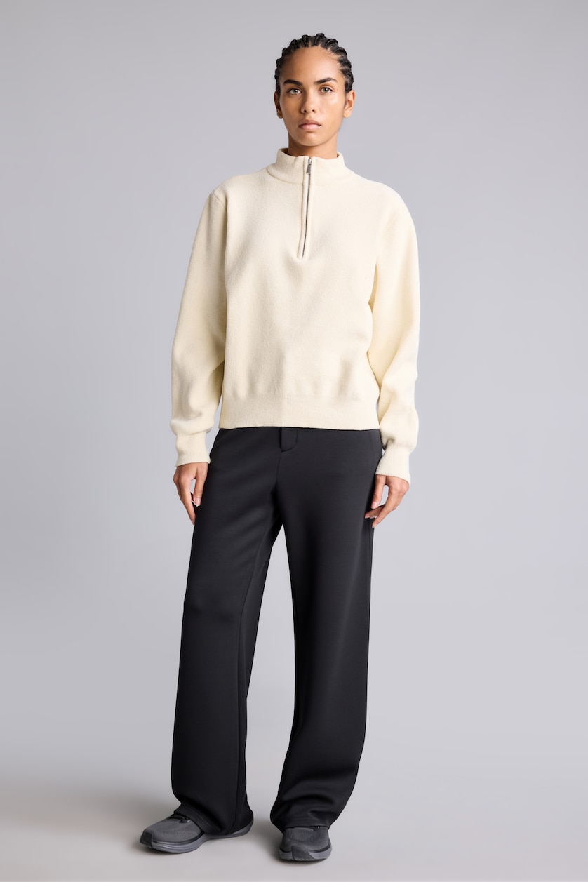 Kadın Kırık Beyaz Oversize Fermuarlı Yaka Basic Kazak