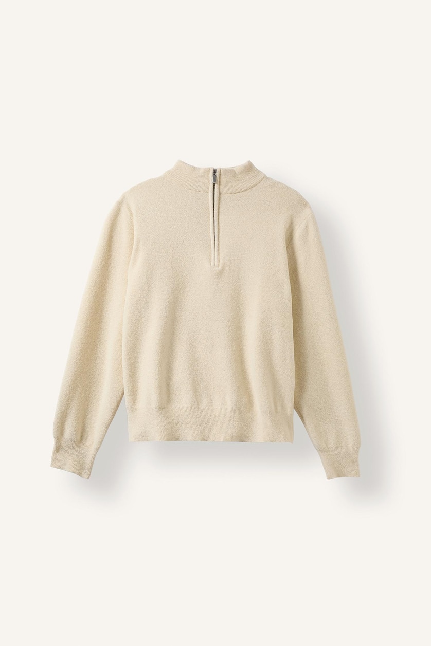 Kadın Kırık Beyaz Oversize Fermuarlı Yaka Basic Kazak