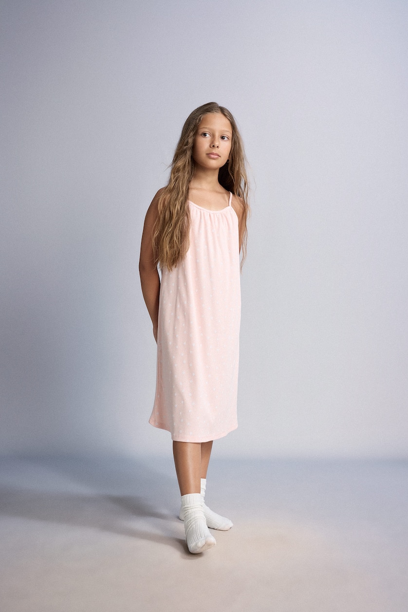 Young Girls - Teen Girls Light Pink Girl Patterned Strappy Ribbed Light Pink Dress