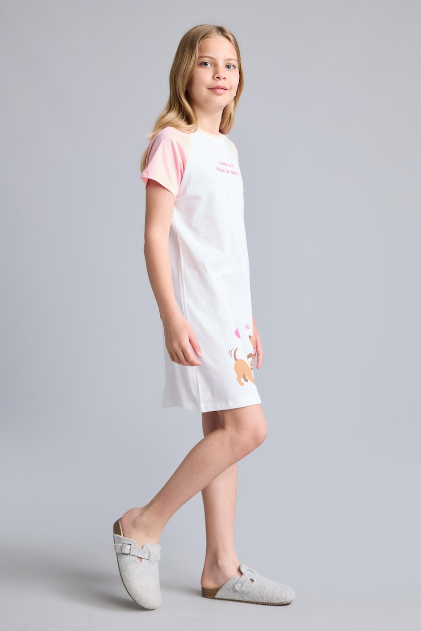 Girls & Teens Ecru Printed Short Sleeve Dress