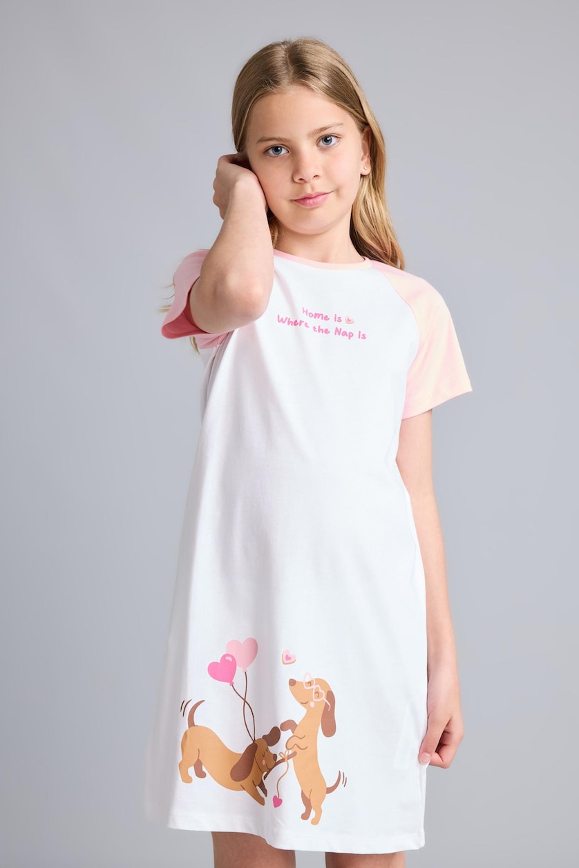 Girls & Teens Ecru Printed Short Sleeve Dress