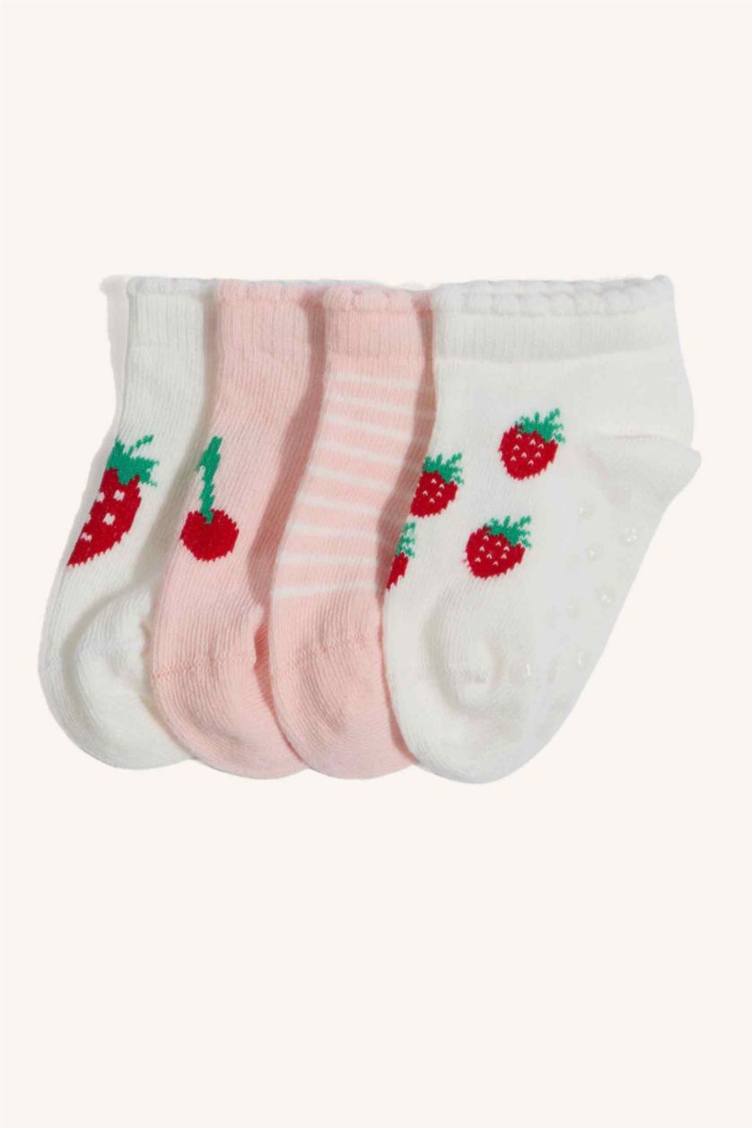 Kız Bebek Açık Pembe Pamuklu Baskılı 4'Lü Çorap Kız Bebek