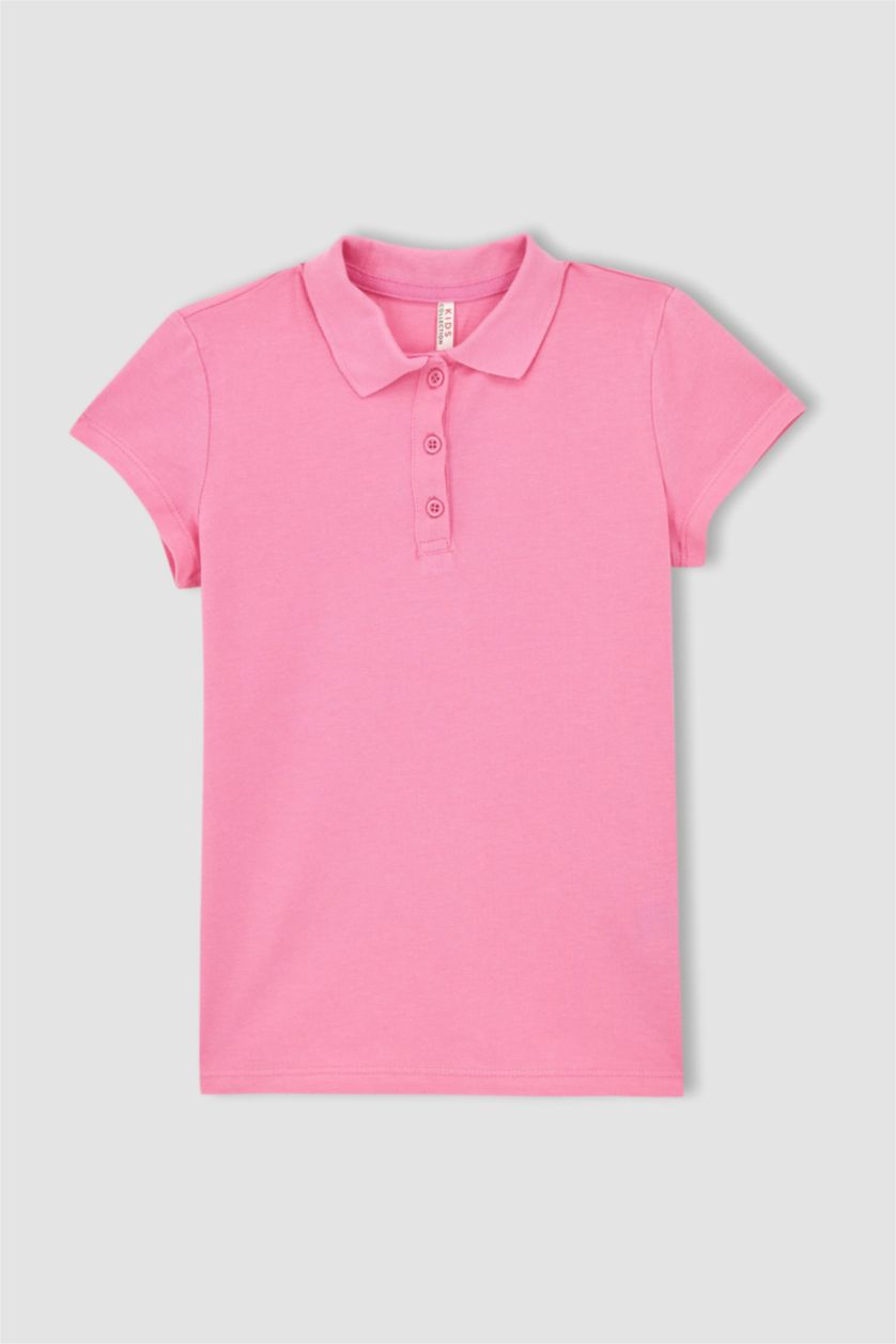 Kız Çocuk - Genç Kız Pembe Kız Çocuk Okula Dönüş Polo Yaka Basic Kısa Kollu Tişört