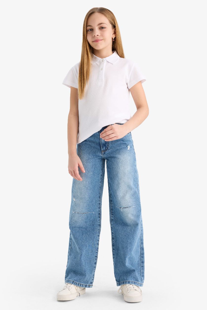 بنات أبيض تيشيرت بولو نص ردن قطن بيزك قصة عادية